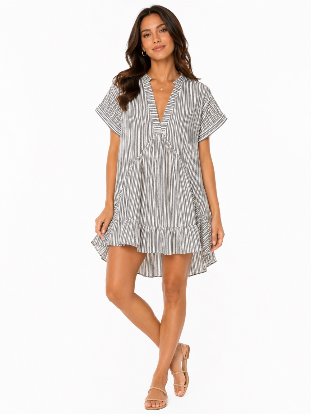 Day + Moon Size Small Gray & White Striped V-Neck Tunic Babydoll Dress